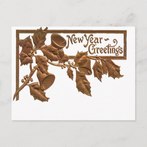 Victorian 1909 Golden Holly New Year Greetings Holiday Postcard
