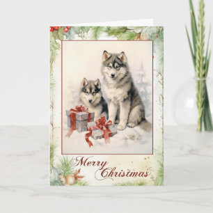 Victorian Alaskan Malamute Puppy Christmas Holiday Card