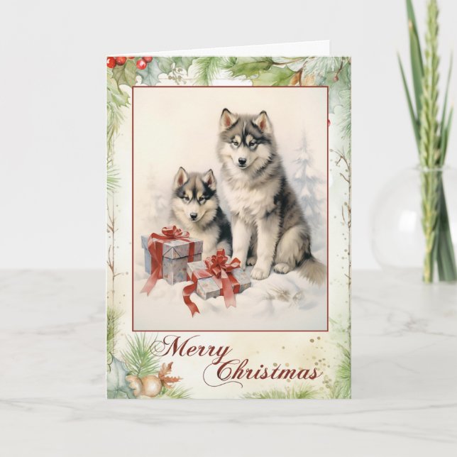 Victorian Alaskan Malamute Puppy Christmas Holiday Card (Front)