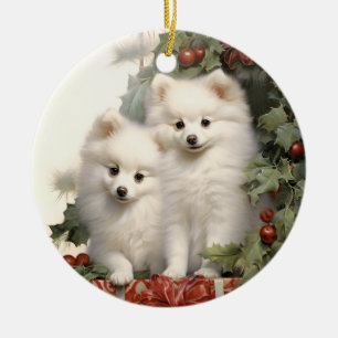 Victorian American Eskimo Puppy Christmas Ceramic Ornament
