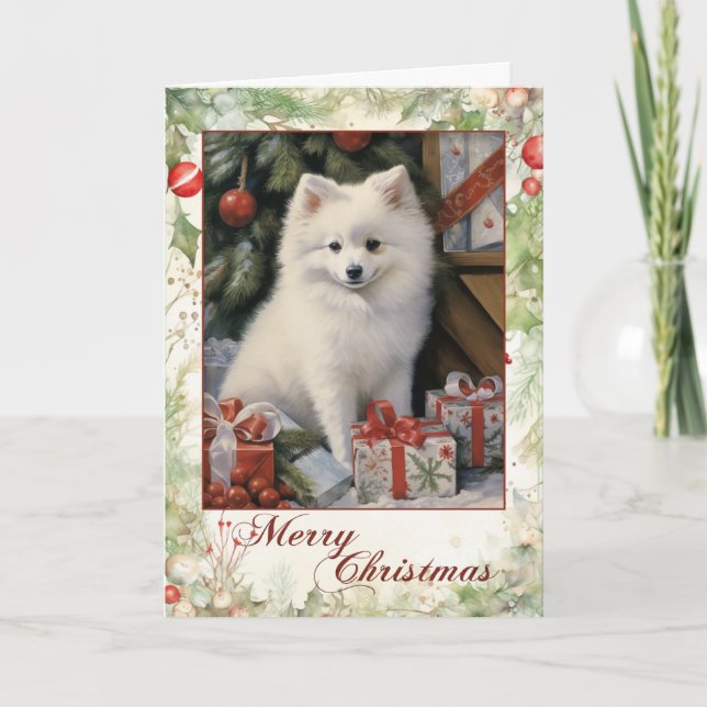 Victorian American Eskimo Puppy Christmas Holiday Card (Front)