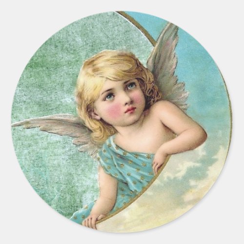 Victorian Angel and Moon Vintage Illustration Classic Round Sticker