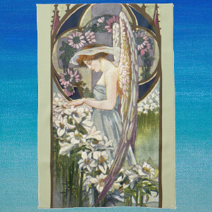 Victorian Angel and Vintage Easter Lily Flowers Kitchen Towel