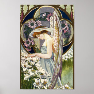 Victorian Angel and Vintage Easter Lily Flowers Poster