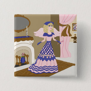 Victorian Angel Blue and Pink Singing by Fireplace Pinback Button