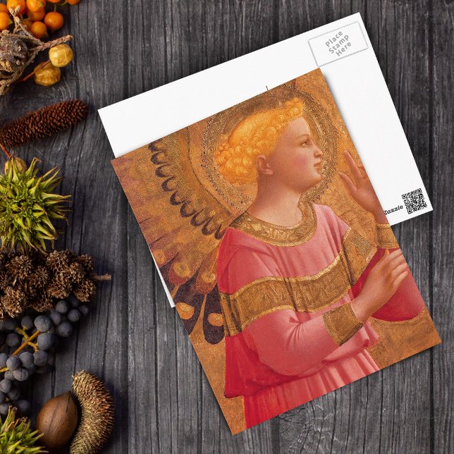 Victorian Angel in Pink Postcard (Holy Christian angel in pink golden halo on postcard.)