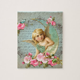 Victorian Angel vintage blue rose pink antique Jigsaw Puzzle