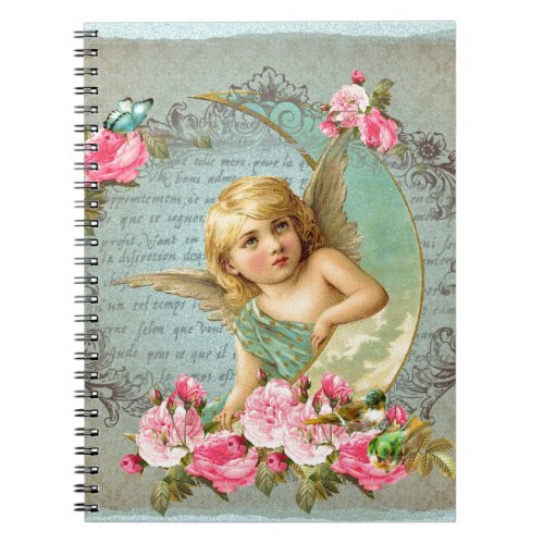 Victorian Angel vintage blue rose pink antique Notebook