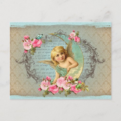 Victorian Angel vintage blue rose pink antique Postcard