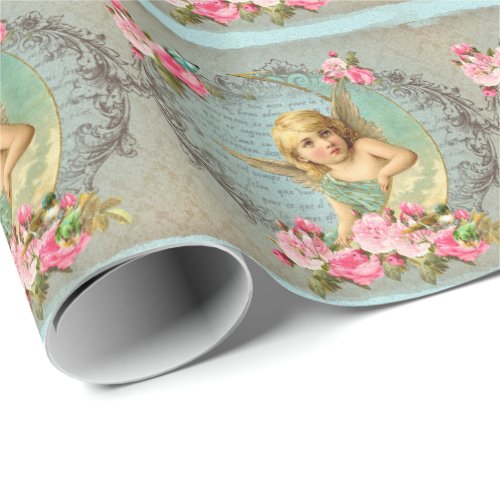Victorian Angel vintage blue rose pink antique Wrapping Paper