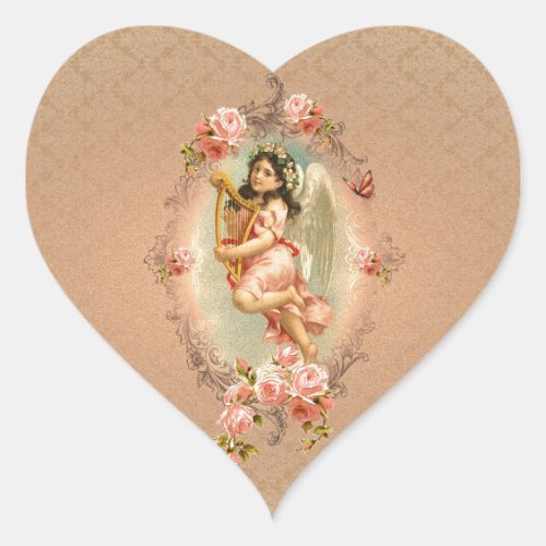 Victorian Angel vintage historical roses ornament Heart Sticker