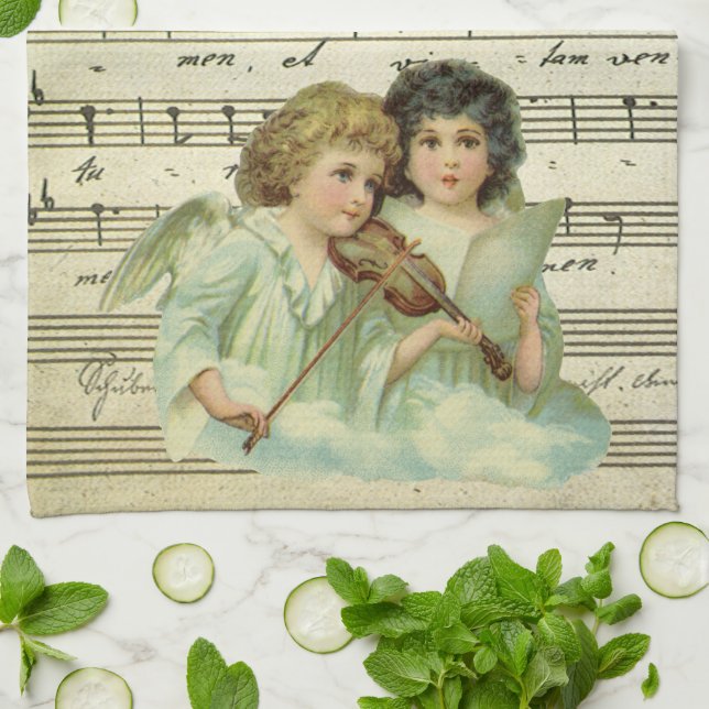 Victorian Angels Violin and Sheet Music Kitchen Towel (Folded)