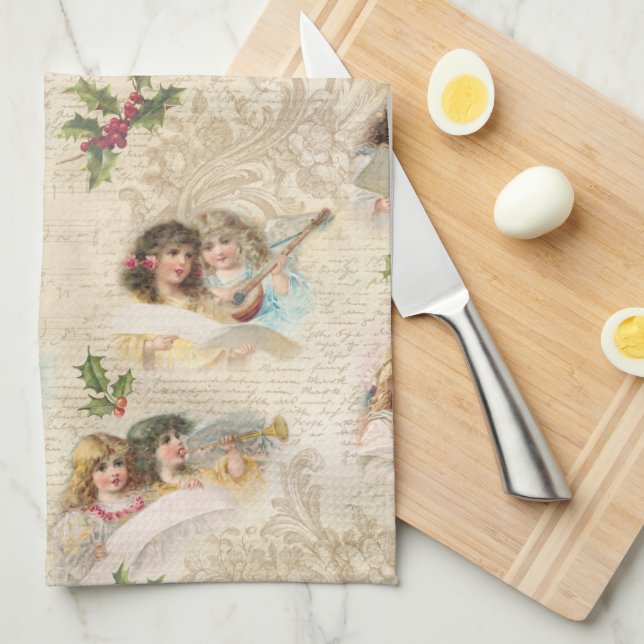 Victorian Angels w/Music, Script & Holly Kitchen Towel (Quarter Fold)