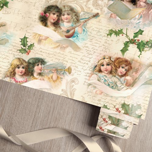 Victorian Angels wMusic Script  Holly Wrapping Paper