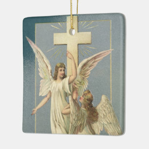 Victorian Angels with a Cross, Vintage Easter Ceramic Ornament