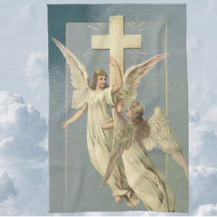 Victorian Angels with a Cross, Vintage Easter Kitchen Towel