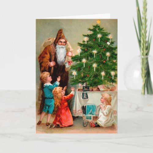 Victorian Angry Santa Around the Tree Holiday Card