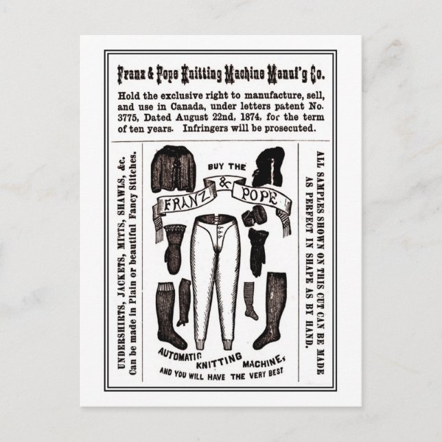 Victorian antique knitting machine ad postcard (Front)