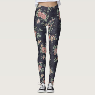 Victorian Antique Pink Rose Navy  Leggings