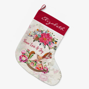 Victorian Antique Rocking Horse & Poinsettia Large Christmas Stocking