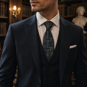 Victorian Architectural Engraving Luxury Navy Blue Neck Tie
