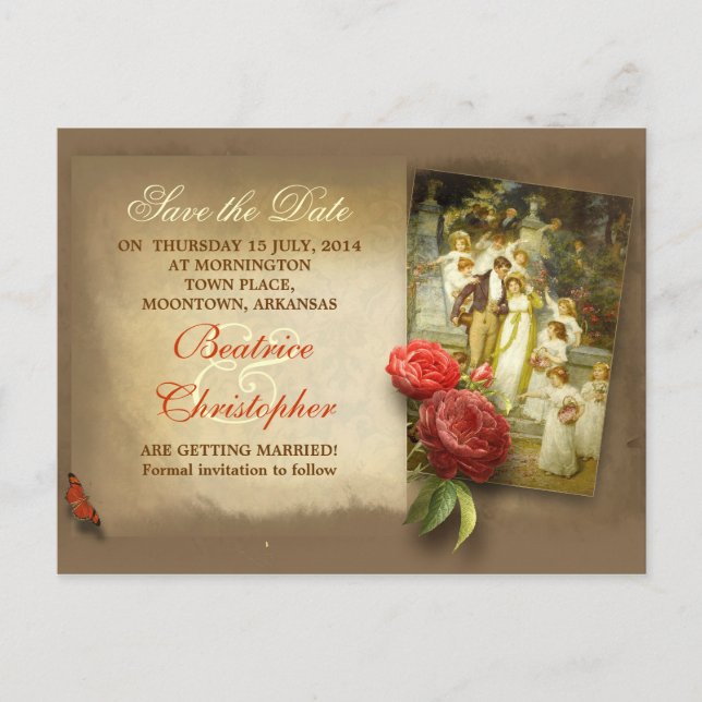 victorian art couple antique save the date announcement postcard (Front)