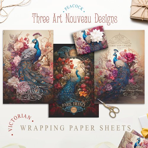 Victorian Art Nouveau Vintage Floral Peacock Wrapping Paper Sheets