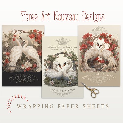 Victorian Art Nouveau Vintage Floral Swans Wrapping Paper Sheets