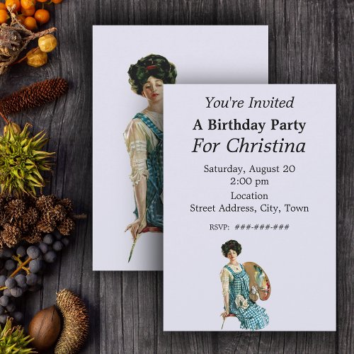 Victorian Artist Lady Painter Palette Birthday Announcement