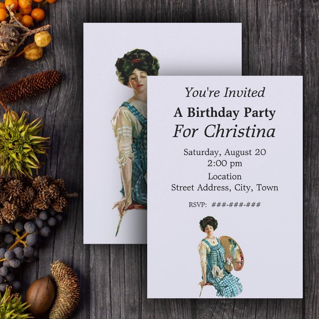 Victorian Artist Lady Painter Palette Birthday Invitation (Victorian era artist lady with paint pallette on light blue birthday party invitations.)