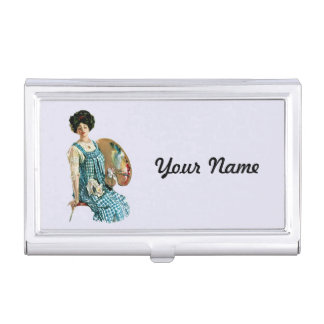 Victorian Artist Lady Plaid Smock Painter Pallet Business Card Holder