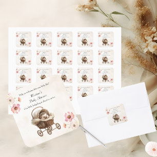 Victorian Baby Hedgehog Wildflower Baby Shower Square Sticker