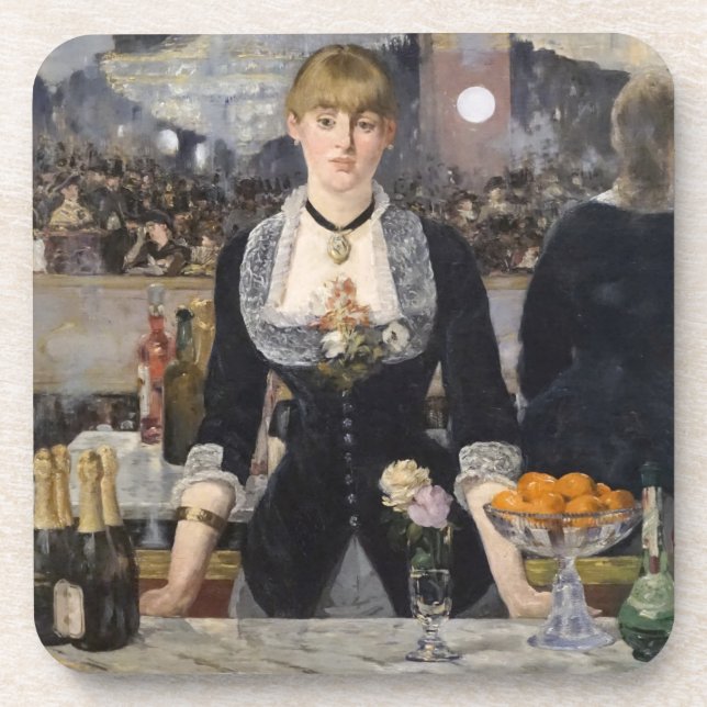 Victorian Barmaid Girl at Folies Bergere, France Beverage Coaster (Front)
