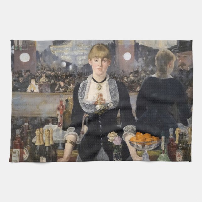 Victorian Barmaid Girl at Folies Bergere, France Kitchen Towel (Horizontal)