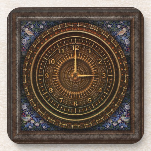 Victorian baroque brown blue clock steampunk  beverage coaster (Front)