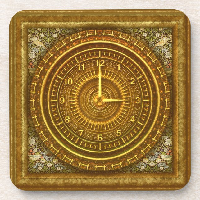 Victorian baroque gold clock steampunk beverage coaster (Front)