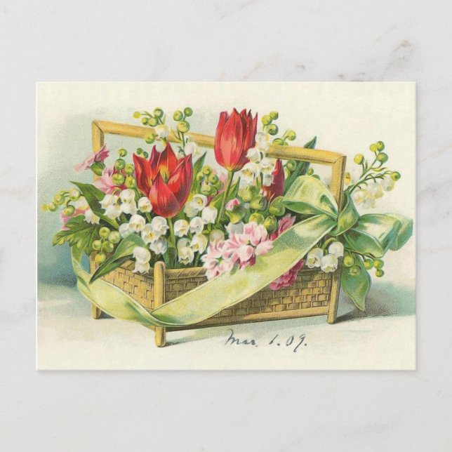 Victorian Basket Red Tulips & Lily of the Valley Postcard (Front)