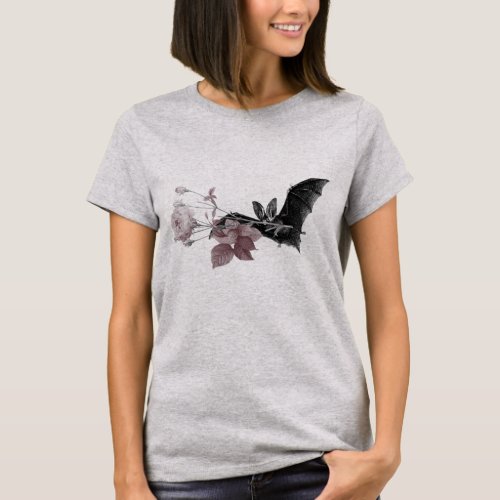 Victorian Bat illustration with fine art rose  T_S T_Shirt