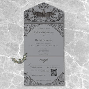 Victorian Bat Til Death Black Gray Wedding QR Code All In One Invitation