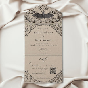 Victorian Bat Til Death Black Tan Wedding QR Code All In One Invitation