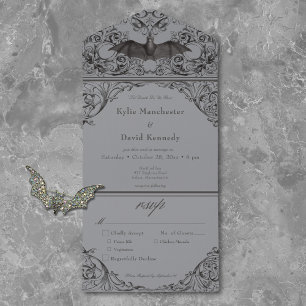 Victorian Bat Until Death Black & Gray Dinner All In One Invitation