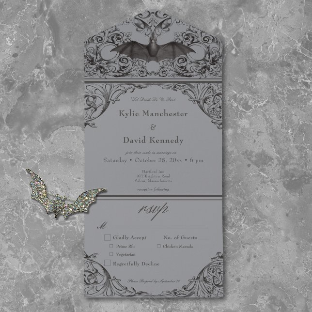 Victorian Bat Until Death Black & Gray Dinner All In One Invitation (Creator Uploaded)