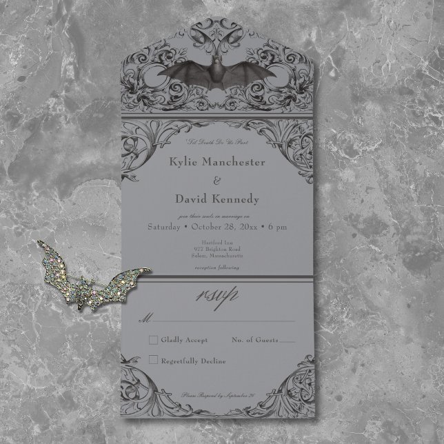 Victorian Bat Until Death Black Gray No Dinner All In One Invitation (Creator Uploaded)
