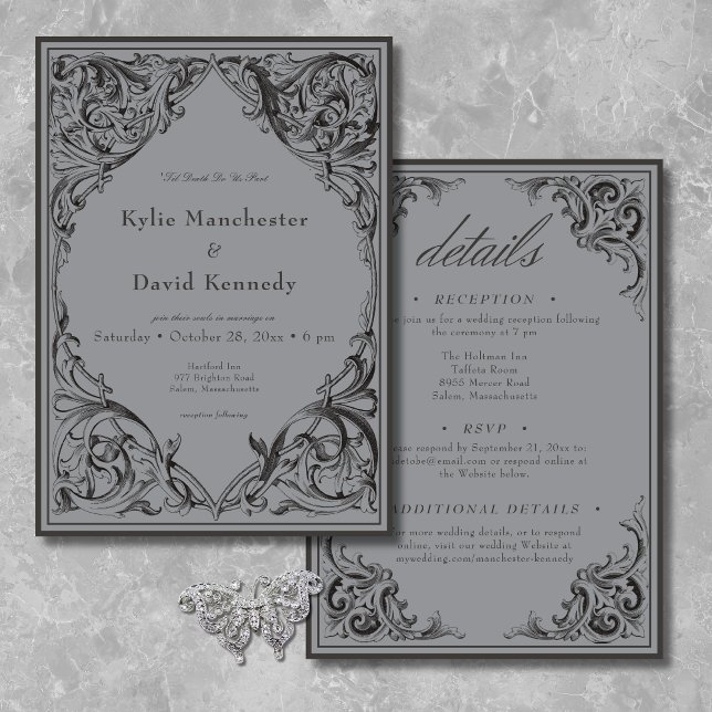 Victorian Bat Until Death Black & Gray Two Sided Invitation (Creator Uploaded)
