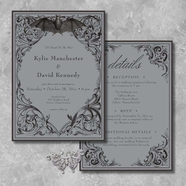 Victorian Bat Until Death Black & Gray Two Sided Invitation (Creator Uploaded)