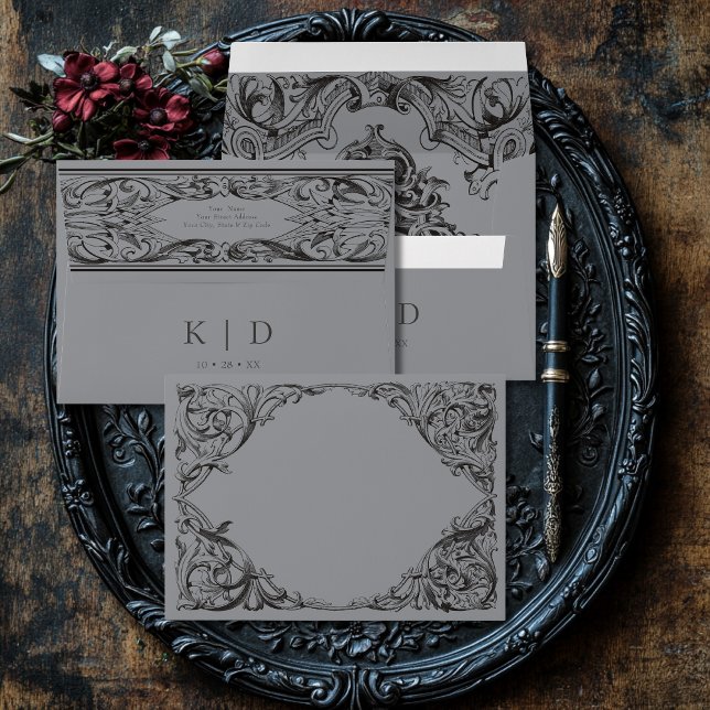 Victorian Bat Until Death Black & Gray Wedding Envelope (Creator Uploaded)