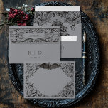Victorian Bat Until Death Black & Gray Wedding Envelope<br><div class="desc">Elevate your gothic wedding with a Victorian-inspired wedding invitation envelope that exudes timeless elegance and mystery. Designed to resemble an antique book binding, this stunning design features intricate a black and gray wine lacey filigree, evoking the charm of a bygone era. A bat with its wings spread sits at the...</div>