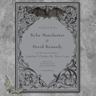 Victorian Bat Until Death Black & Gray Wedding Invitation