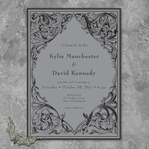 Victorian Bat Until Death Black & Gray Wedding Invitation