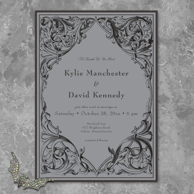 Victorian Bat Until Death Black & Gray Wedding Invitation (Creator Uploaded)